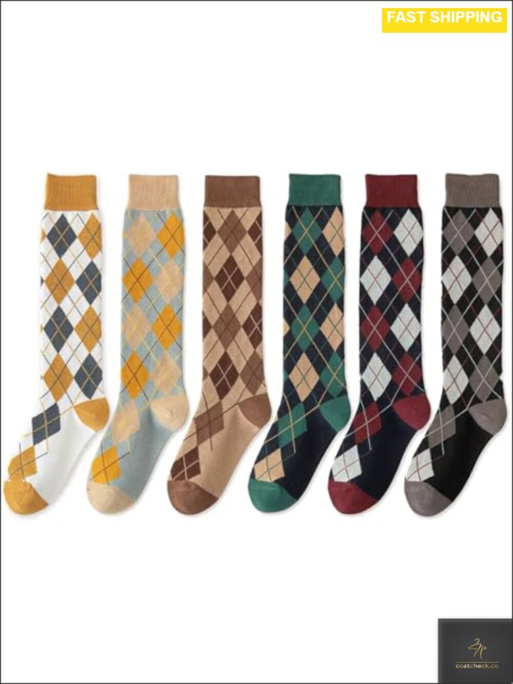Womens Argyle Knee High Socks Combed Cotton Blend Novelty Casual Crew Socks